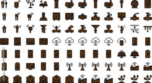 Smart irrigation and water monitoring technology line icon set with sensors valves weather stations analytics