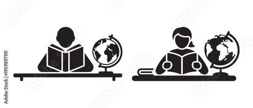 Black and white icons of male and female students reading books with globes on their desks.