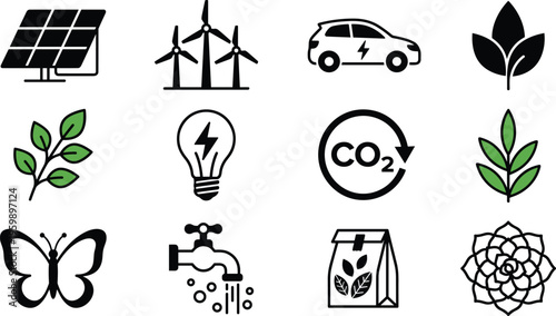 Renewable energy icons set, solar wind EV, eco leaves, carbon reduction, water conservation, sustainable lifestyle, green technology, environmental concept