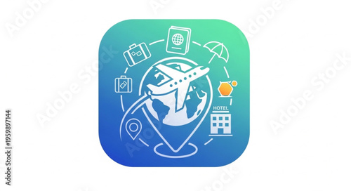 Travel App Icon Featuring Airplane, Globe, and Travel-Related Symbols.