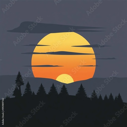 Sunset over pine forest silhouette with orange sun and dark clouds minimalist vector art