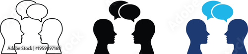 Interpersonal communication icon showing two people in a dialogue with speech bubbles. Professional illustration for business consulting, legal advice, and customer service interaction.