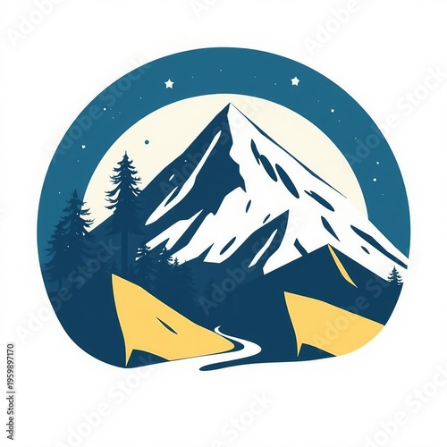 Mountain peaks with a winding river surrounded by pine trees under starry night sky