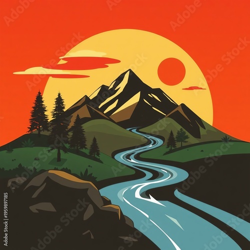 Mountain landscape with winding blue river and tall evergreen trees flat vector design art