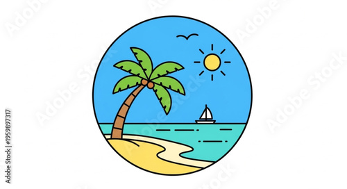 Tropical Beach Scene with Palm Tree and Sailboat Illustration.
