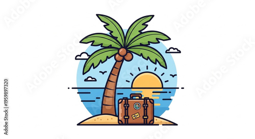 Tropical Island Getaway - Palm Tree, Suitcase, and Sunset Illustration.