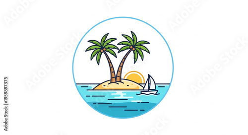 Tropical Island Getaway - Palm Trees, Sailboat, and Ocean Paradise.