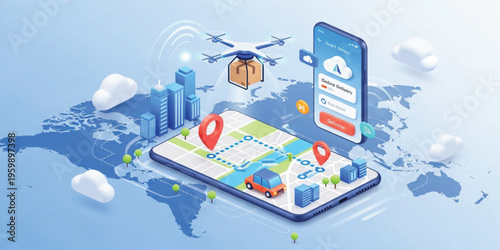 Smart Logistics and Delivery Tracking Concept with Mobile Map Navigation, Drone Shipping, Real Time Location Pins and Global Transportation Network Illustration