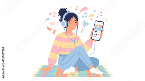 Young Woman Enjoying Music with Headphones and Smartphone.