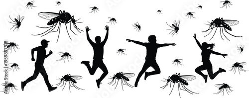 People running and jumping silhouettes escaping flying mosquitoes swarm insect danger concept isolated on white background health risk vector illustration set