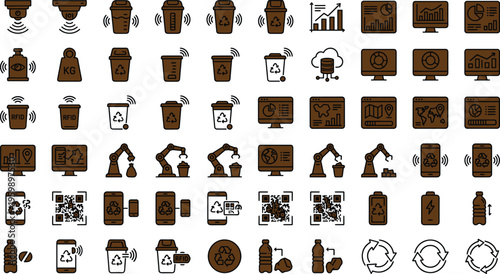 Smart recycling and waste management line icon set with sensors RFID analytics automation sorting technology symbols