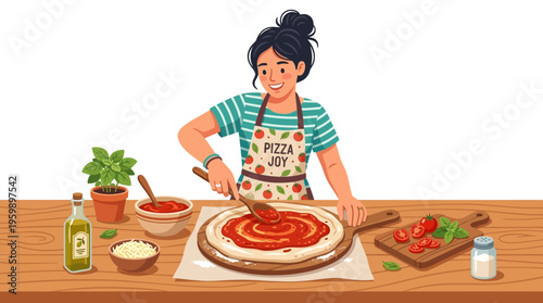 Young woman happily making pizza at home kitchen table.