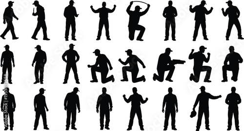 Men silhouettes collection with various poses standing walking gesturing and interacting isolated on white background people lifestyle vector illustration set