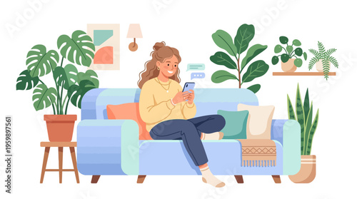 Young woman happily texting on her phone while relaxing on a couch surrounded by plants.