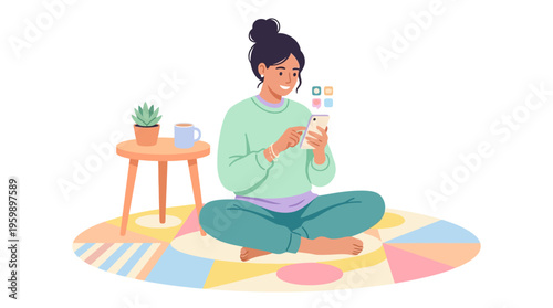 Young woman happily using smartphone while sitting cross-legged on floor.