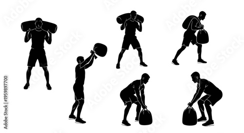 Man silhouette performing sandbag exercises, strength training, functional fitness, workout variations