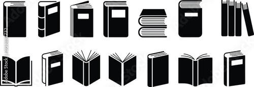 Book silhouette icon set featuring closed, open, stacked, and leaning designs, perfect for education, publishing, literature, and creative design projects