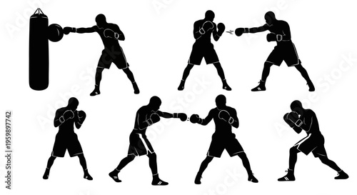Boxing Silhouette Set: Training, Punching Bag, Fight Poses