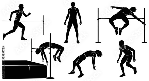 High Jump Athletes Silhouette Set: Action Poses of Track and Field Competition