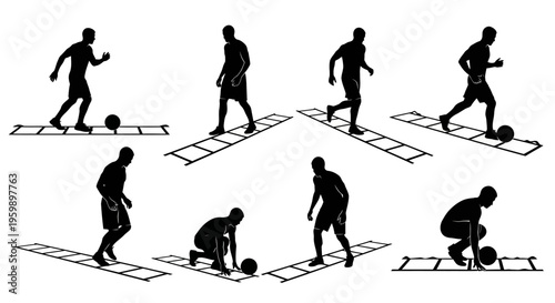 Soccer player agility training with speed ladder, silhouette, dynamic drills
