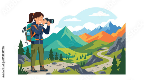 Young woman photographer with backpack capturing mountain landscape.