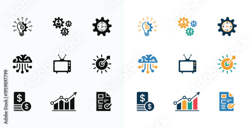 A collection of business and finance icons on a white background