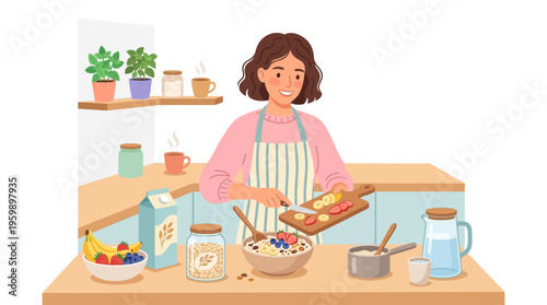 Young woman preparing healthy breakfast in kitchen.