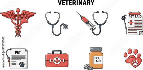 Veterinary Medical Icon Set with Stethoscope Syringe Pet Aid Kit Clipboard and Animal Care Symbols for Clinic Healthcare and Veterinary Services Design