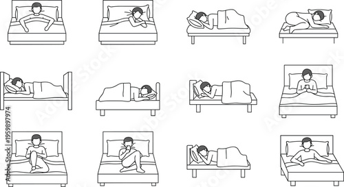 Vector illustration of twelve individuals in diverse sleeping and resting positions on beds, including back, side, stomach, curled, upright, and device‑using postures.