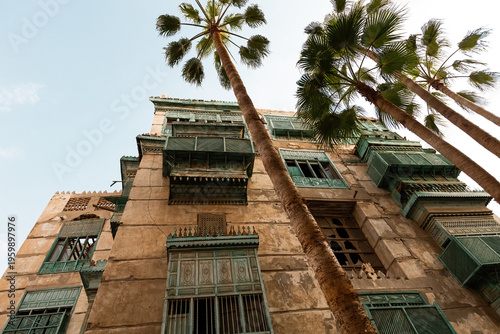 Traditional architecture of old Jeddah town El Balad district houses with wooden windows and balconies Unesco Heritage site in Jeddah Saudi Arabia