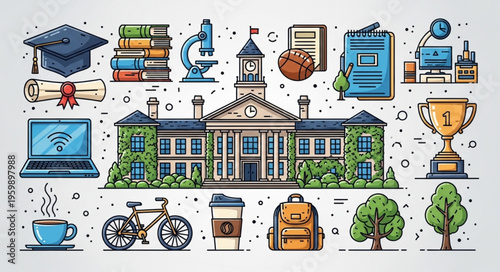 University Campus Illustration with Academic Elements and Student Life Icons.