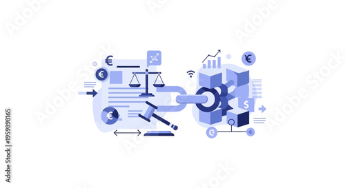 Regulatory Framework for Blockchain and Decentralized Finance (DeFi) Illustration. Legal Tech, Smart Contracts, and Crypto Compliance.