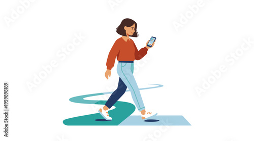 Woman walking while looking at her phone.