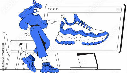 Woman Pointing At Shoe On Computer Screen E-commerce Product Selection