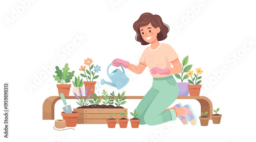 Woman watering plants in garden with watering can.