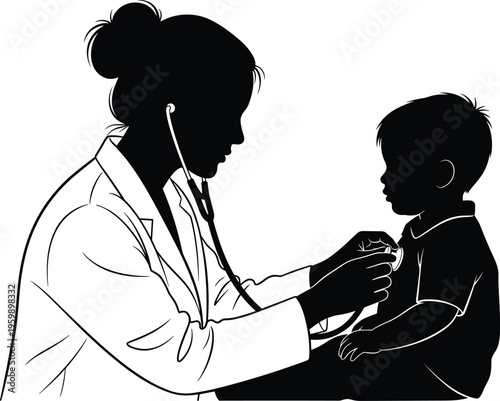 Doctor examining child patient with stethoscope silhouette pediatric healthcare checkup medical consultation clinic care concept isolated on white background vector illustration