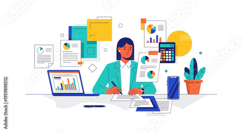 Woman working at desk with laptop and financial reports.