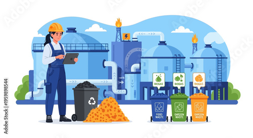 Woman worker inspecting recycling plant with waste bins.