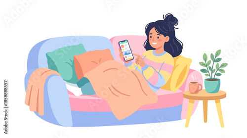 Young Woman Relaxing on Sofa with Smartphone.