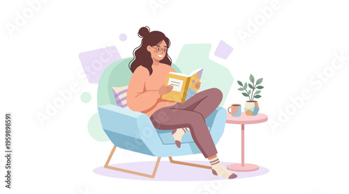 Young woman relaxing reading a book in a comfortable chair.