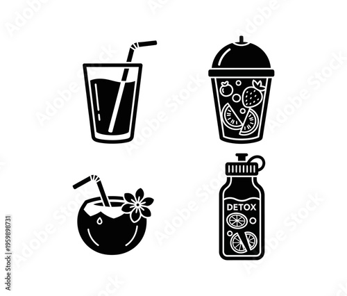 Collection of refreshing beverages icons, including a cocktail, smoothie, and detox drink