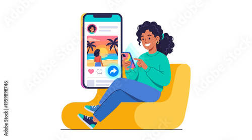 Young Woman Relaxing with Smartphone and Social Media.