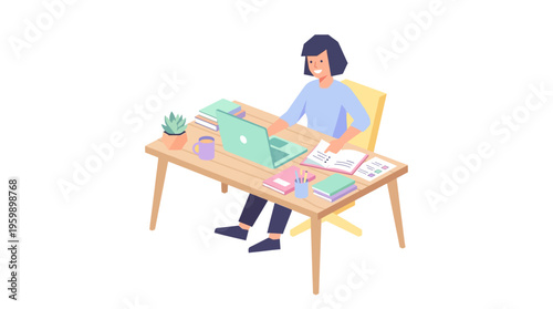 Woman working on laptop at a desk with art supplies.