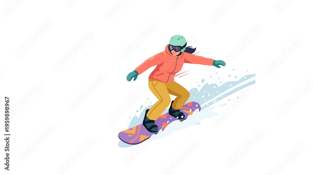 Obraz premium Young Woman Snowboarding Down a Snowy Slope.