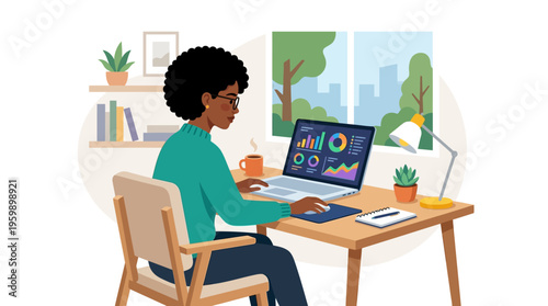 Woman working on laptop computer at desk.