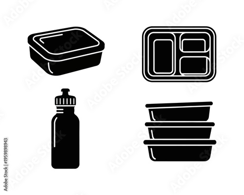 Vector icons for meal preparation, featuring stackable food containers, a compartmentalized lunchbox, and a reusable water bottle, ideal for daily healthy eating