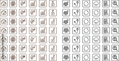 Sustainability and renewable energy square line icon set with carbon tracking solar power recycling analytics symbols
