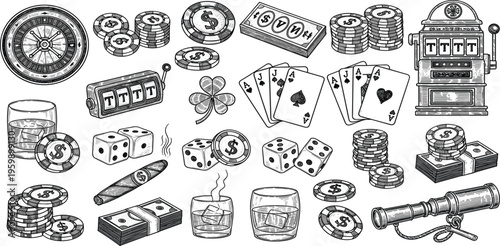 Vintage Casino Engraving Set with Roulette Slot Machine Playing Cards Dice Chips Money Whiskey Glass and Gambling Elements for Retro Design