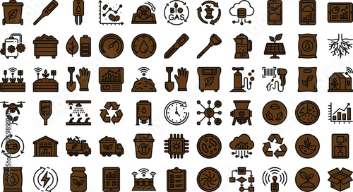 Sustainable agriculture and bioenergy technology line icon set with biomass recycling soil analytics renewable farming symbols