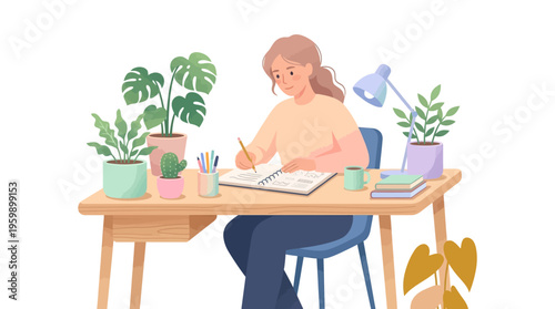 Young woman studying at a desk with plants.